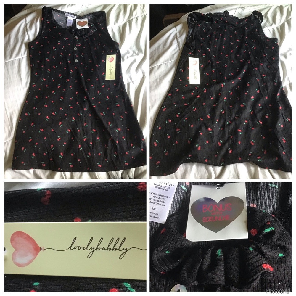 Lovely Bubbly 1X black plus size cherry tank top with scrunchie NWT
